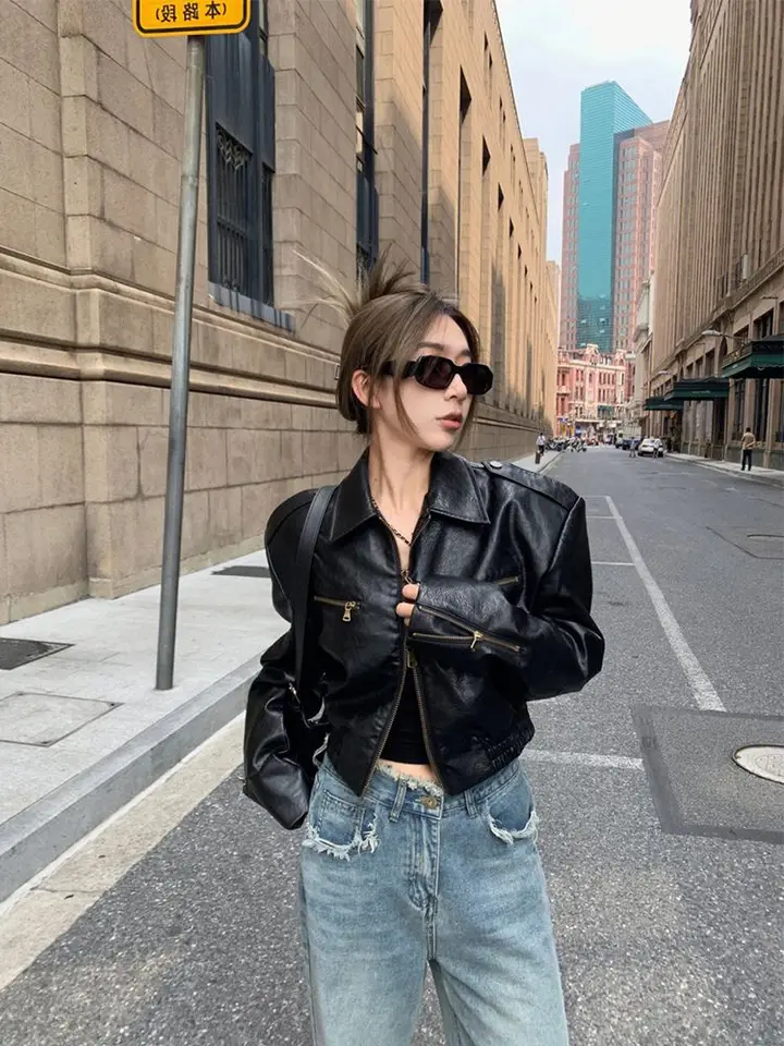 Women Leather Jacket Autumn Coat Vintage Motorcycle Jackets