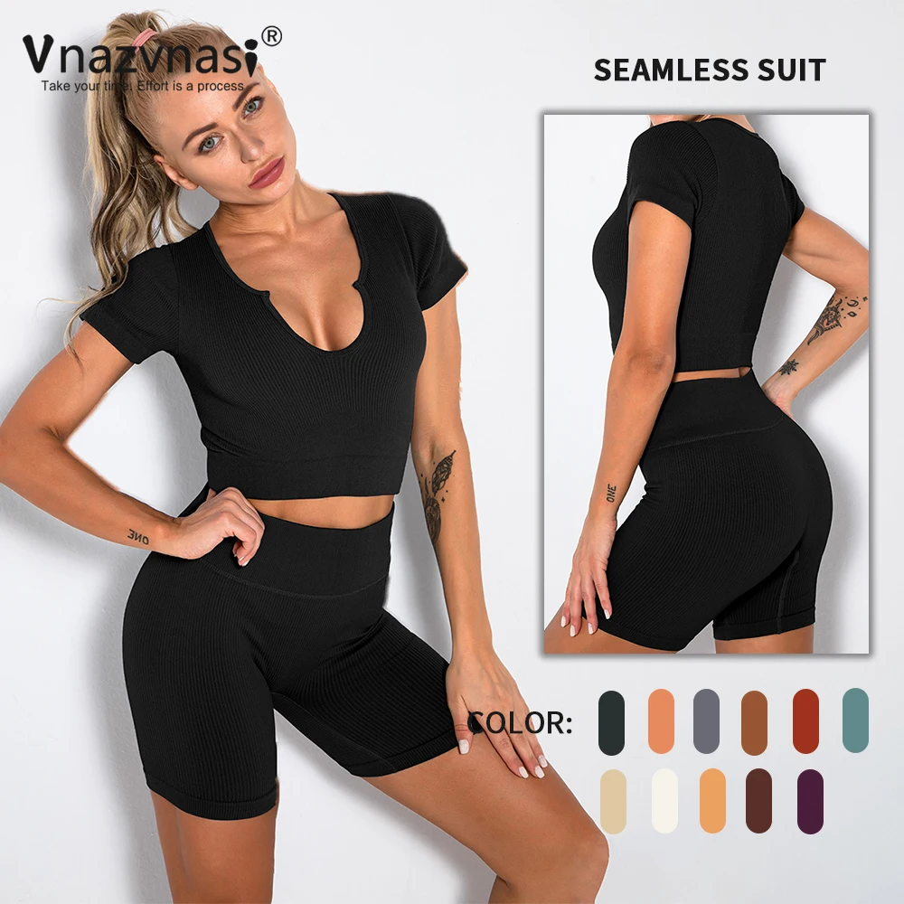 

Vanzvansi 2 Pcs Seamless Ribbed Suit for Women Yoga Sets for Fitness Sports Push Up Workout Clothes Sportswear for Gym Outfit