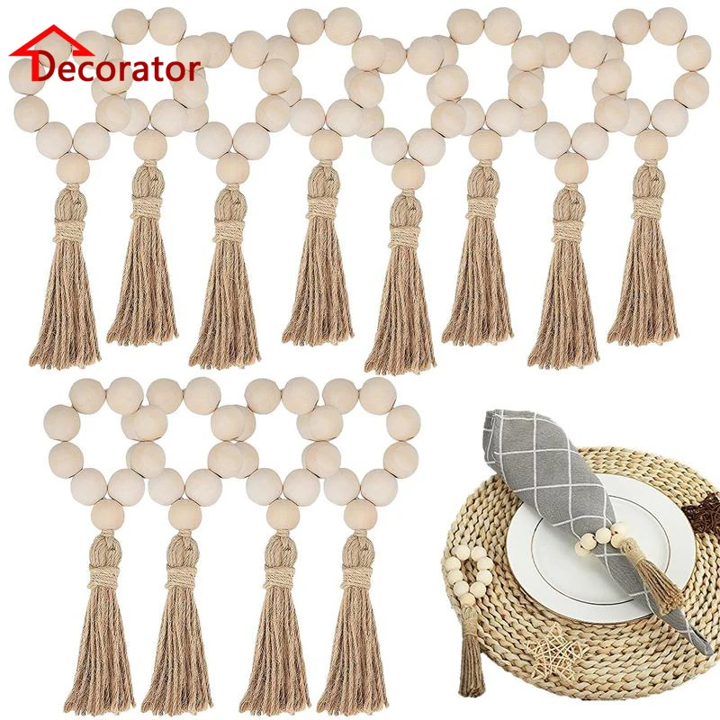 Wood Bead Napkin Rings Napkin Holders With Tassels Hand-Woven Boho Buckles For Christmas Farmhouse Wedding Home Table Decoration christmas napkin holder napkin ring