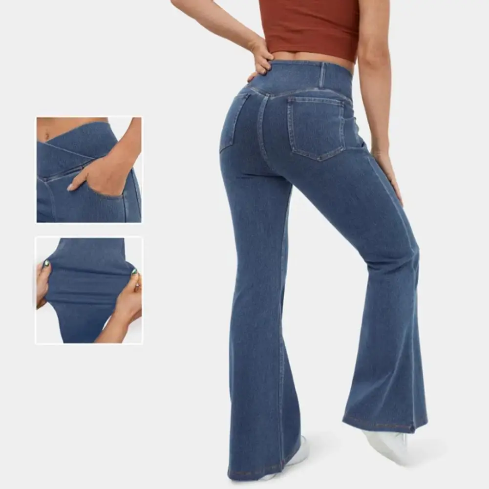 Comfortable Flared Jeans Stylish Women's High Waist Flared Denim Pants with Cross Waistband Slim Fit Jeans for Streetwear pattern printing pu leather wallet case cross texture stand flip cover with strap for samsung galaxy a33 5g don t touch me