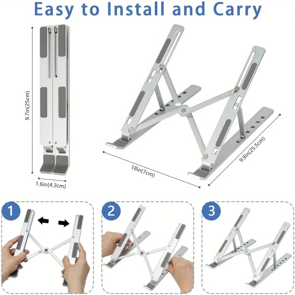 Adjustable Aluminum Laptop Stand - 6-Level Height, Foldable & Portable Design For 8-16” Laptops, Enhanced Ventilation & Heat — view 2