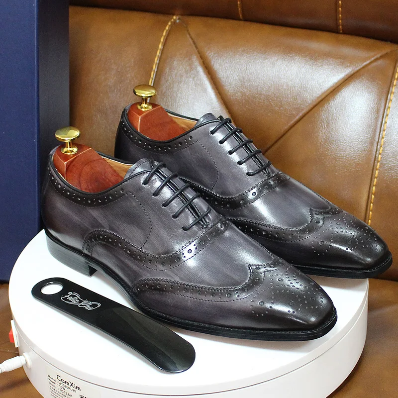 Handmade Mens Wingtip Oxford Shoes Grey 