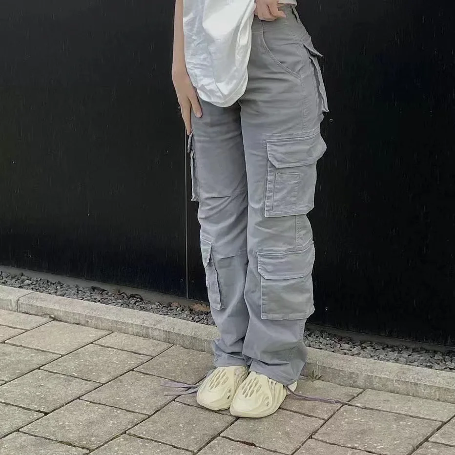 Vintage Cargo Pants Baggy Jeans Women Fashion 90s Streetwear Pockets Wide Leg High Waist Straight Y2k Denim Trousers Overalls