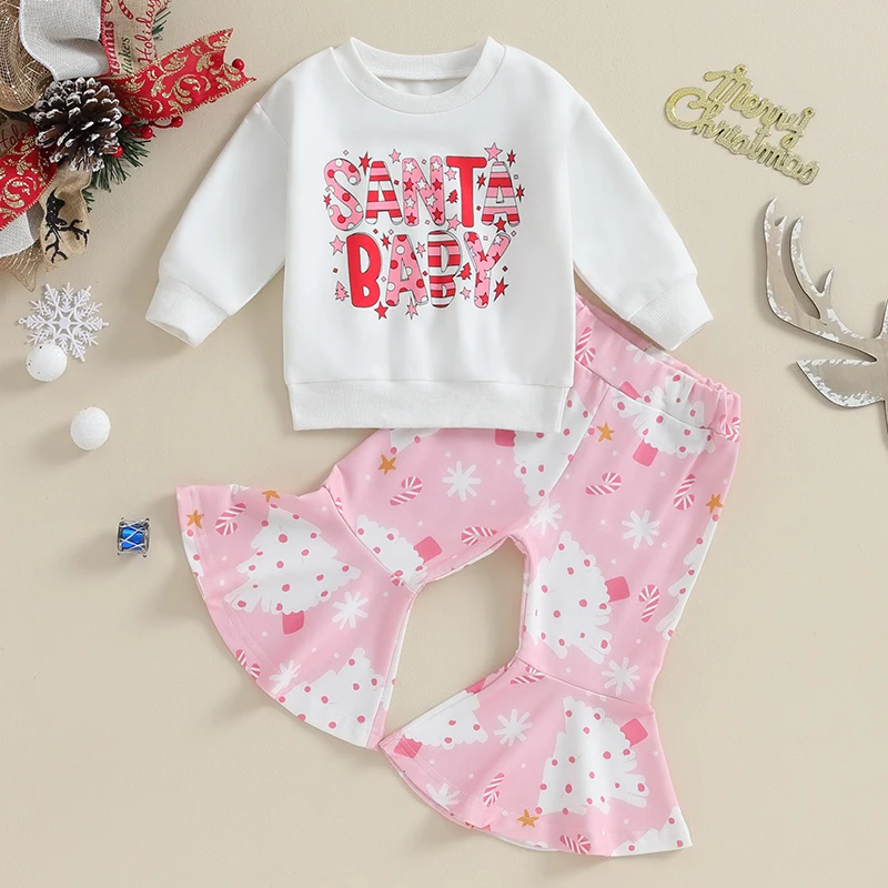 

2023-09-13 Lioraitiin 6M-4Y Kid Girls Clothes Set Letters Print Sweatshirt with Tree Print Flare Pants Christmas Outfit