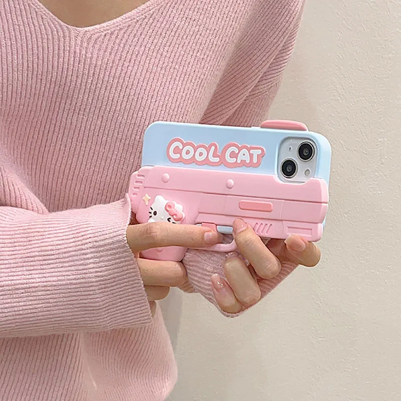 

Kawaii Sanrio Hello Kitty Pistol Model Iphone 15Promax Phone Case Cute Anime for 14/13/12/11 Pro Anti-Drop Y2K Funny Kids Toys