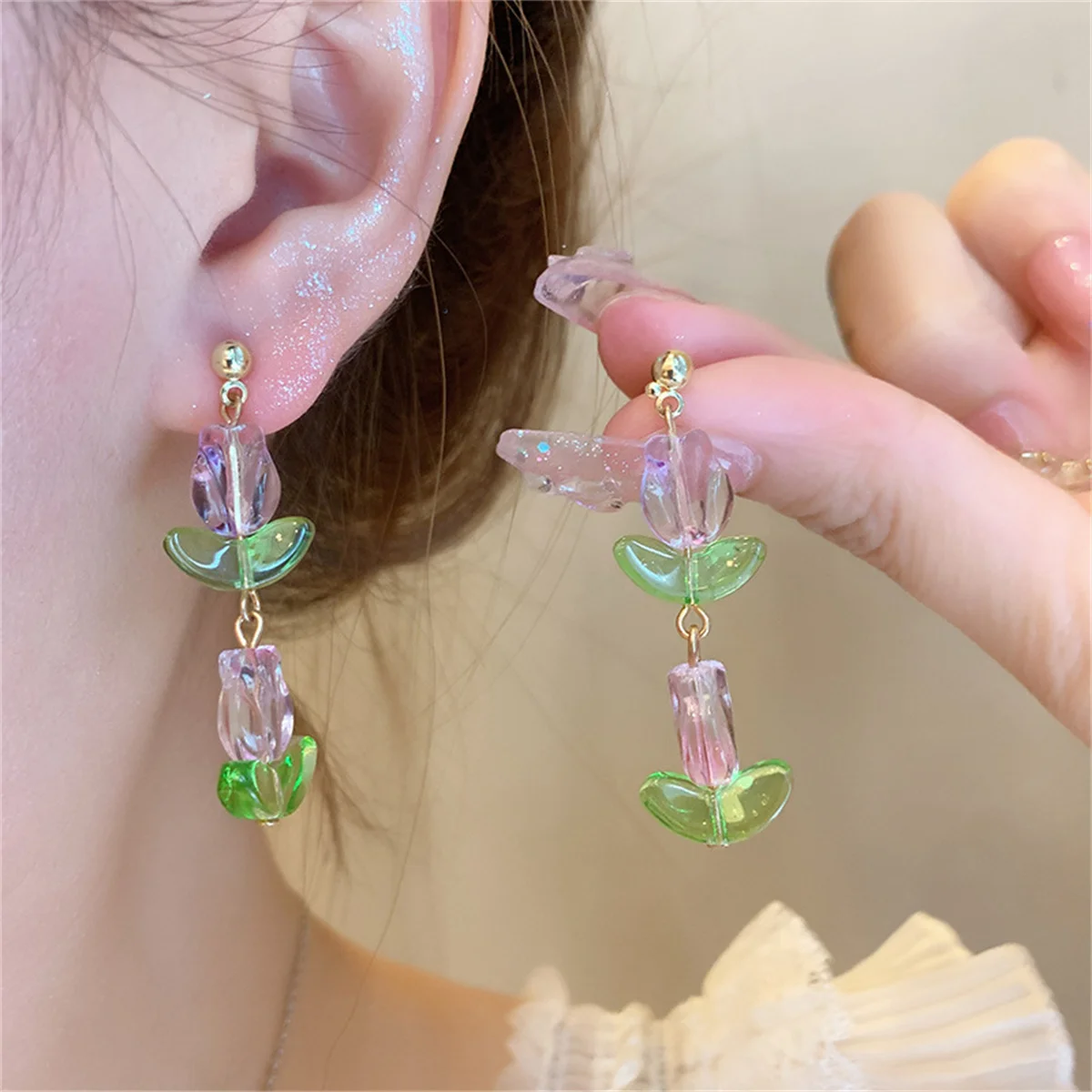 Korean Tulip Tassel Dangle Earrings for Women Girl Sweet Pink Purple Flower Earring Temperament Elegant Jewelry Gifts Wholesale