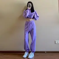 Women's 2026 New Purple Sports Suit Spring And Autumn Casual Fashion Style Loose Long Sleeve Sweater Tops Pants 2 Two Piece Set - Image 3