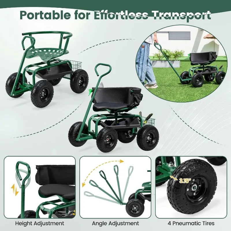 Garden Cart, Outdoor Rolling Garden Scooter W/Adjustable 360 Degree Swivel Seat, Tool Tray & Storage Basket, Extendable