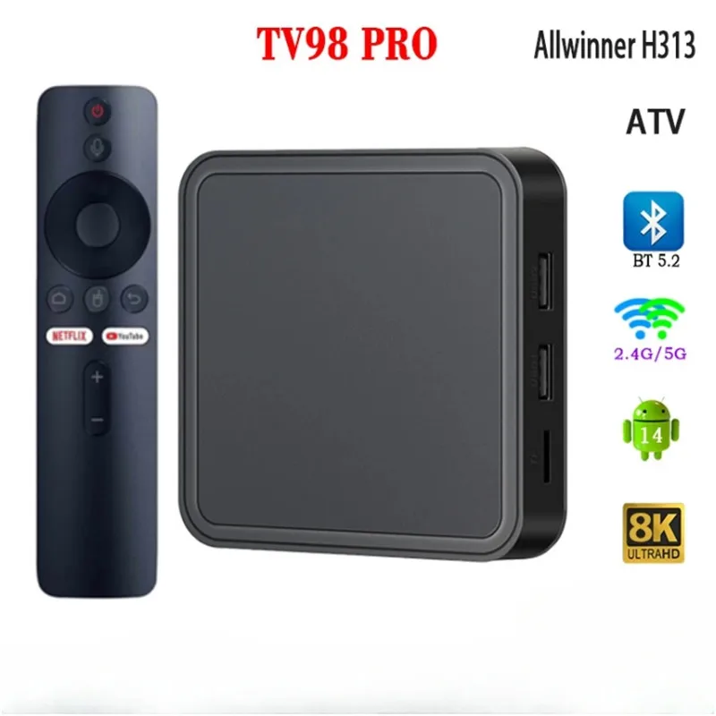 

ТВ-приставка смарт-ТВ TV98 Pro ATV на базе Android 2,4, ТВ-приставка H313, ГГц/телефон, двойной Wi-Fi, Bluetooth, 8K, 2 ГБ/8 ГБ, потоковый медиаплеер, домашний кинотеатр