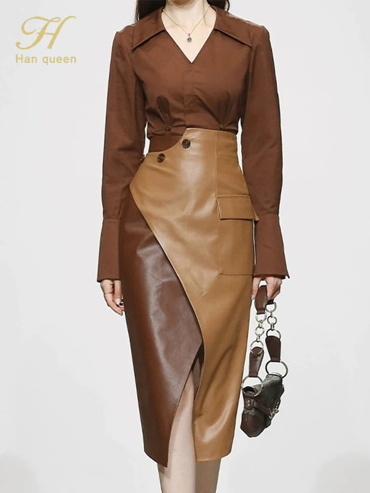 H-Han-Queen-Autumn-2-Pieces-Set-Women-Long-Sleeve-High-Waist-Contrast ...