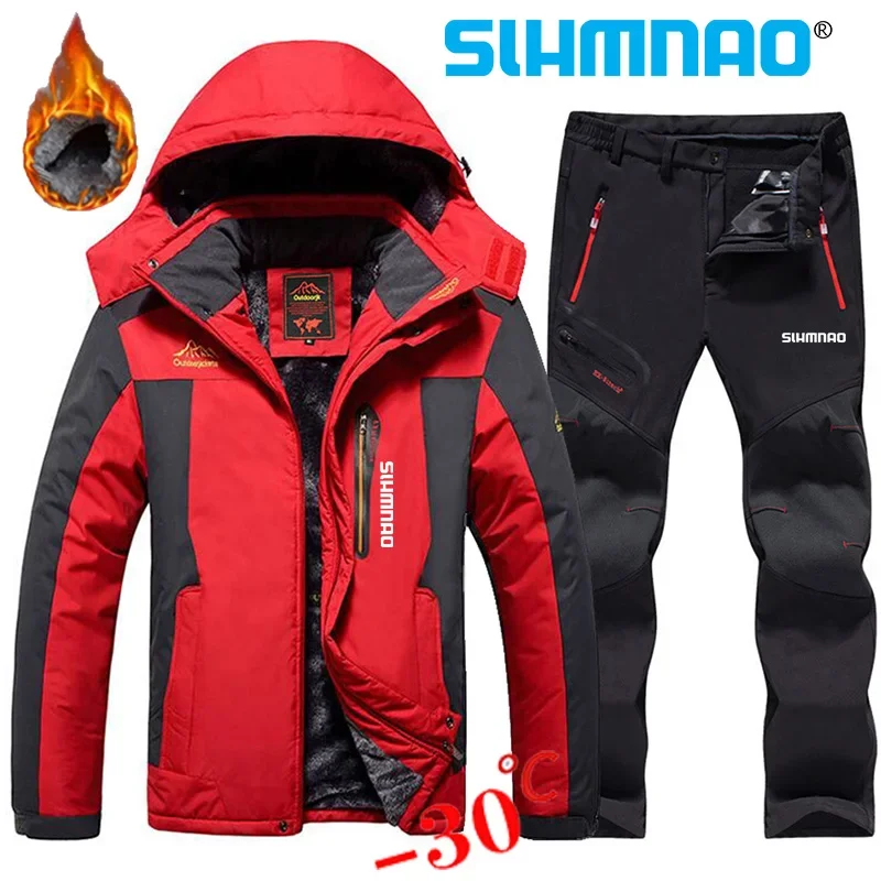 Fisherman's Men's Fishing Suit Set Windproof Waterproof Thickened Cashmere Warm Snow Jacket Winter Skiing Jacket and Fishing Pants Set