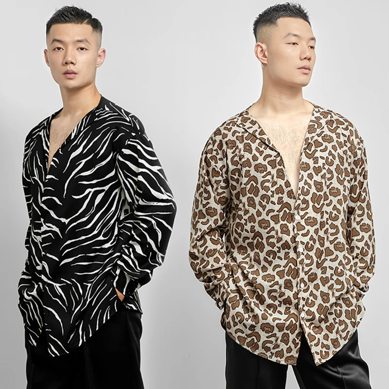 

Топы для латиноамериканских танцев с леопардовым принтом, мужская рубашка с длинным рукавом, костюм для соревнований, одежда для румбы, Танго, DL10889