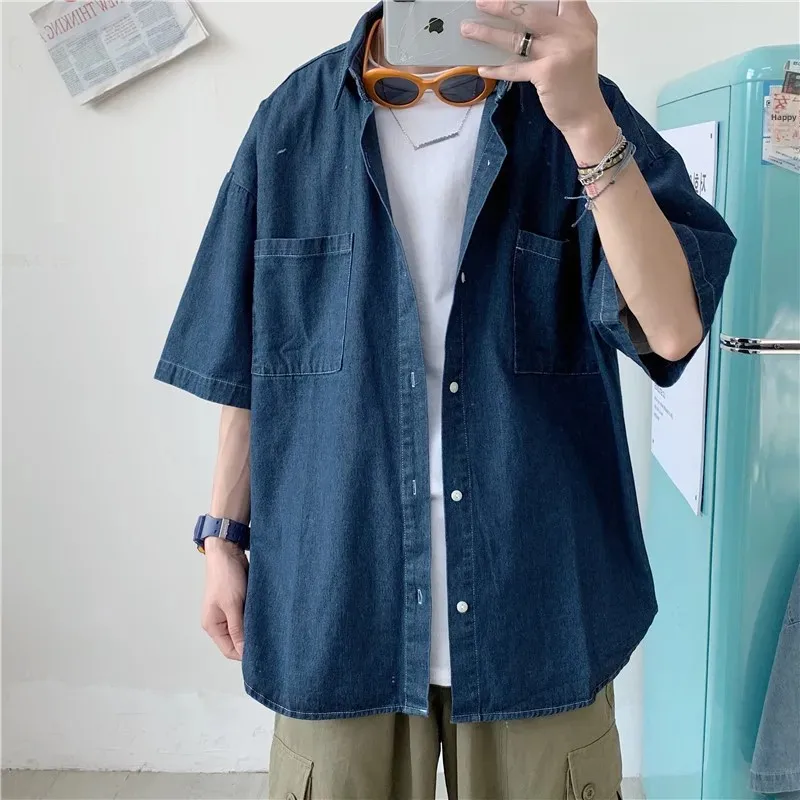 Denim Shirt Summer New Loose Fit 5 Button Short Sleeve Men's Denim Shirt Casual Style Korean Version Couple's Shirt Comfortable Breathable