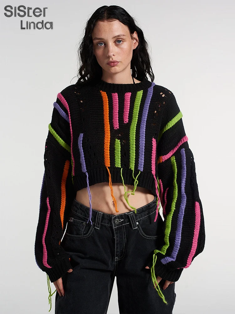 

Knitted Stripe Tassel Y2K Ribbon Pullover Women Long Sleeve O-Neck Loose Trend Hollow Chic Crop Tops Casual Festival Streetwea