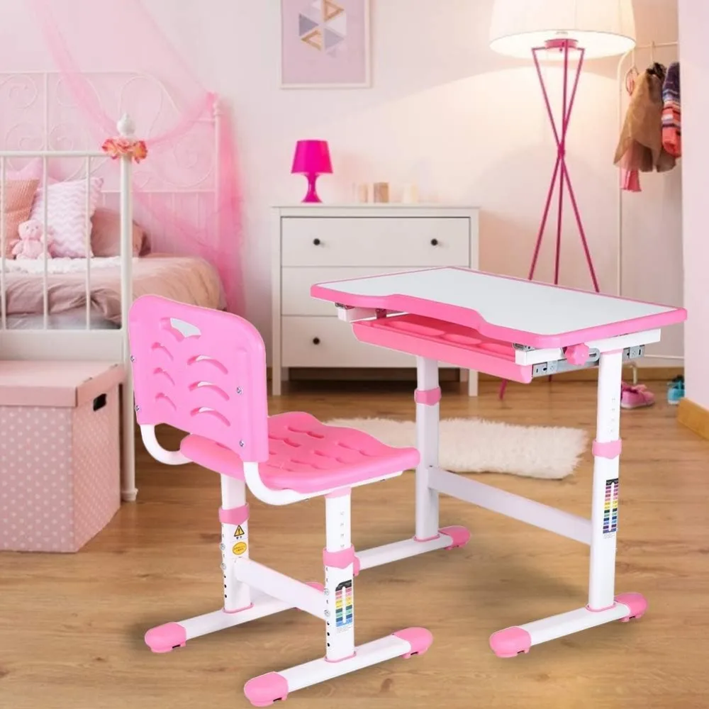 Kids Study Desk with Chair Adjustable Study Homework Desk Chair Children Activity Art Table Set Writing