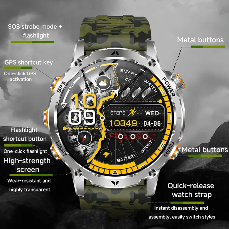 2026 새로운 야외용 남성용 스마트 시계 GPS 나침반 LED 손전등 건강 모니터링 BluetoothCall IPX8 방수 스포츠 스마트 워치