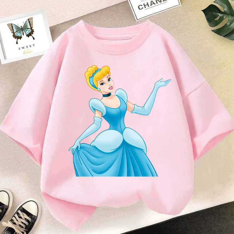 Disney elegantní popelka kněžna tisk léto bavlna tričko móda dětské kreslený tees ležérní kolo krk krátký rukáv káča