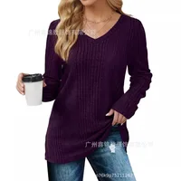 2024 Amazon Women's Long Sleeve V-Neck Solid Color Knitted Top Lightweight Waist-Length Sweater Fashionable