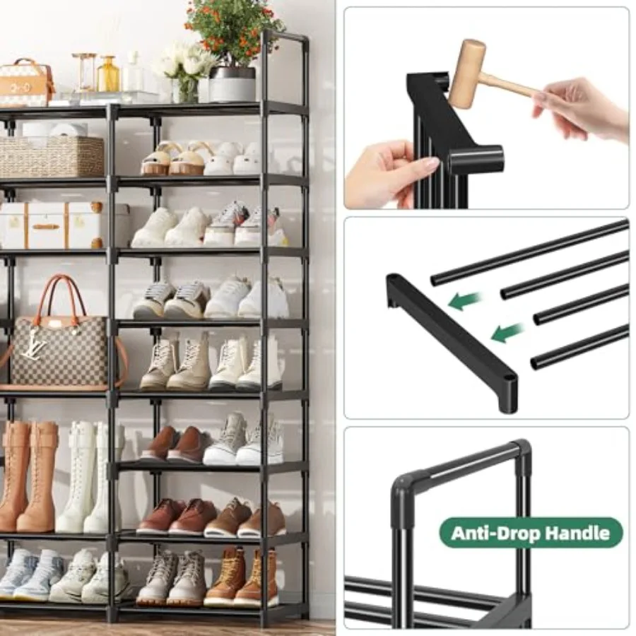 8Tier Shoe Rack Large Capacity 64 Pairs Tall Shoe Shelf Sturdy Metal Shoe Organizer for Entryway Closet Bedroom Black