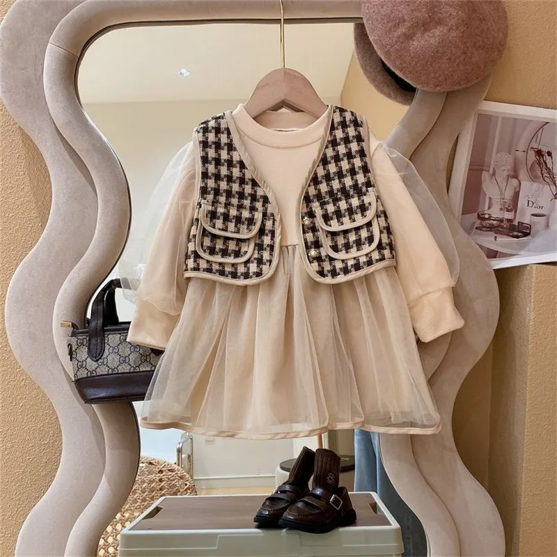 

Girls Princess Sweet 2Pcs Suit Spring Autumn Children Baby Kids Mesh Dress+Plaid Vest Outerwear Suit Toddler Outfits