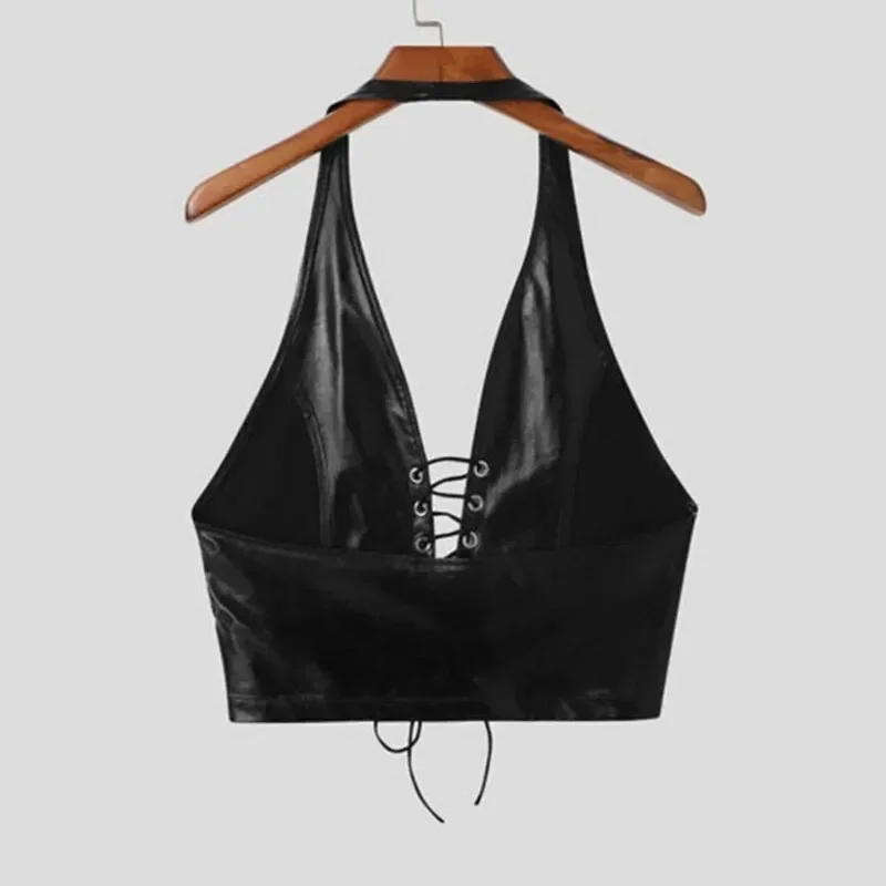 Sexy Edgy Clothes Y2k Black PU Leather Crop Top Women Sleeveless Deep V Neck Backless Camisole Party Club Vest