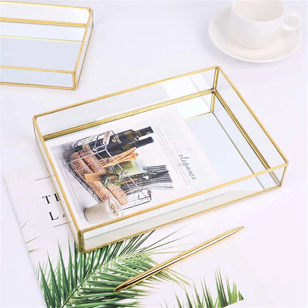 Nordic Retro Storage Tray Gold Rectangle Glass Makeup Organizer Dessert Plate Jewelry Display Home Kitchen Decor |