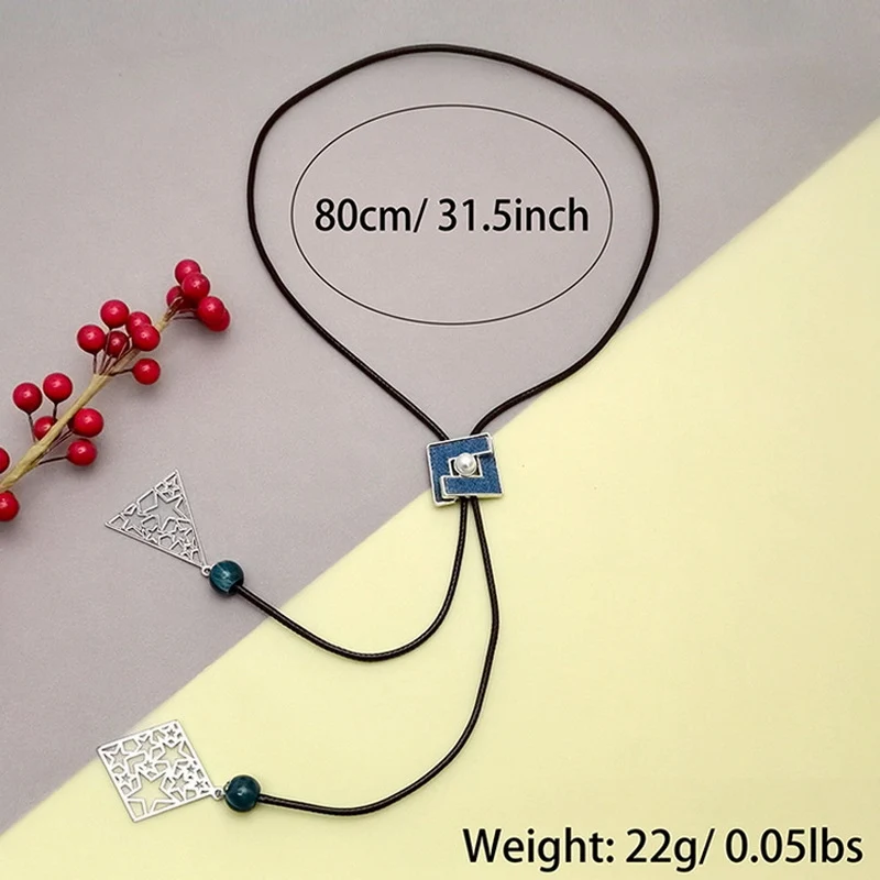 Vintage Bohemian Adjustable Length Cord Y Necklace with Geometric Hollow-out Metal Pendant for Women Perfect for Boho Chic Style