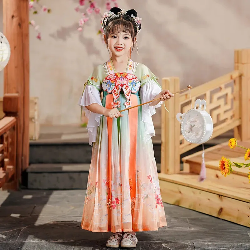 

Hanfu Princess Girl Dress Tang Suit 2024 Summer Fashion Chinese Style V-Neck Flare Sleeve Embroidery Patchwork Ancient Costume