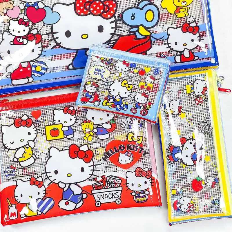 4pcs Kawaii Kitty 3 색 문서 보관 지퍼 가방 대용량 학생 문구 시험지 그리드 가방 선물