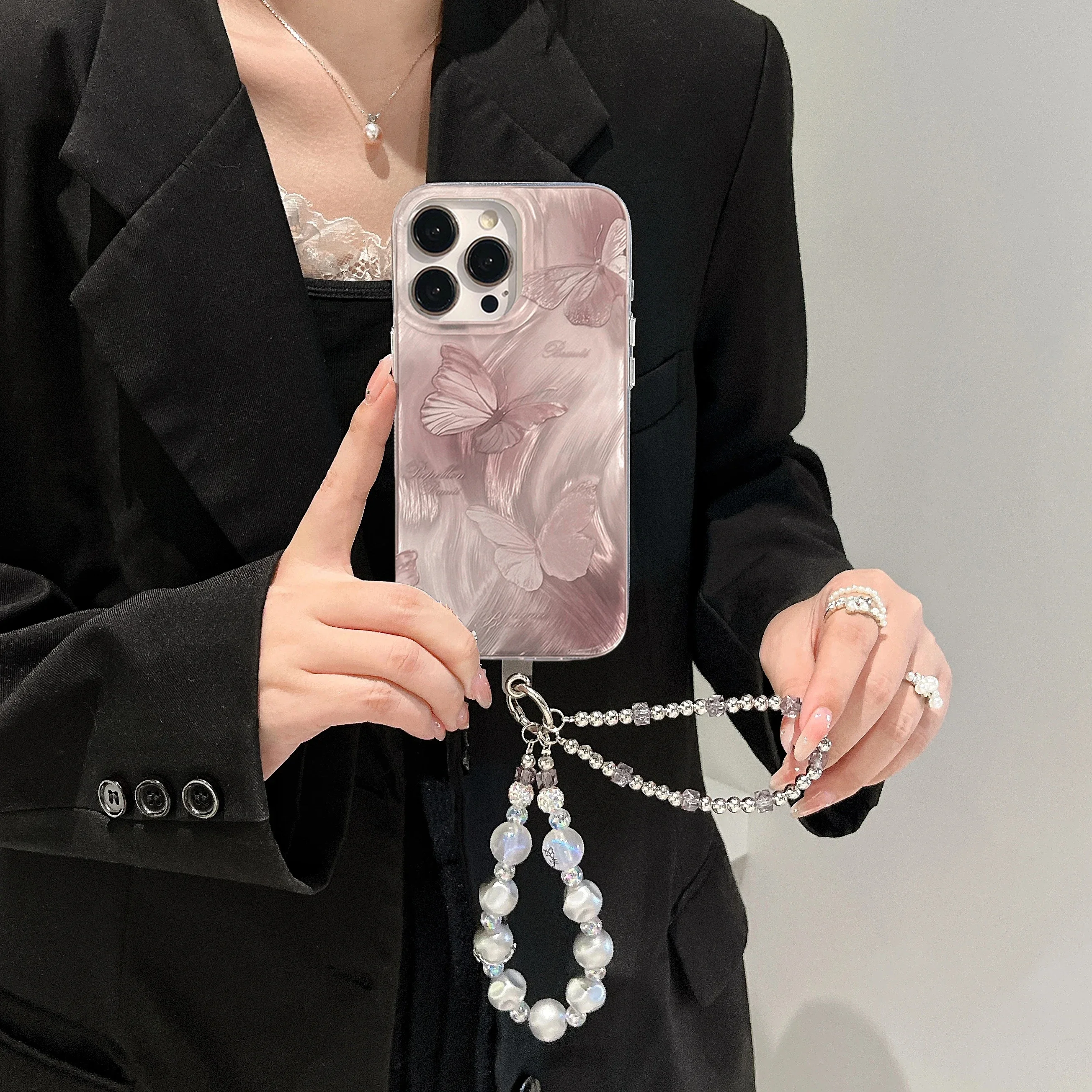 Elegant Butterfly Bow Silver Laser Phone Case with Pearl Lanyard