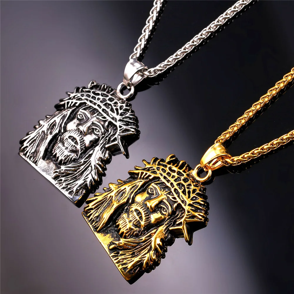 U7 Head of Jesus Cross Necklace 22inches Link Chain Stainless Steel Religious Charactor Pendant Men Jewelry