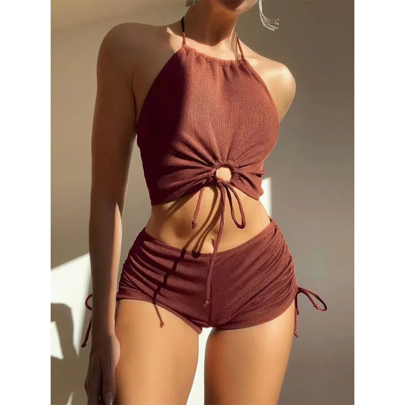 Processing Customized Swimsuit Hot Spring Women's Conservative Bikini Solid Color Huludao Swimsuit Sexy Backless Swimming