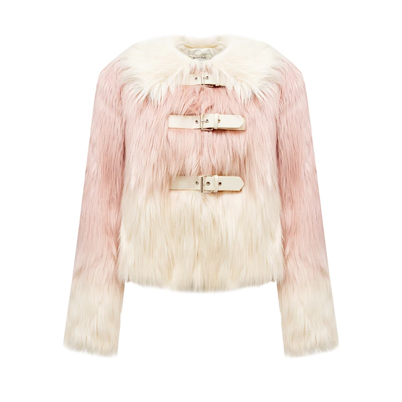 Fashion Pink Sweet Cute Round-Collar Long Sleeve Women's Coat 2023 Autumn Winter Slimming Fake Fur Jacket