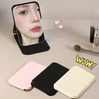 Desktop Makeup Mirror Solid Color PU Leather Simple Portable Handheld Makeup Mirror Foldable Student Compact Cute Pocket Mirror 2