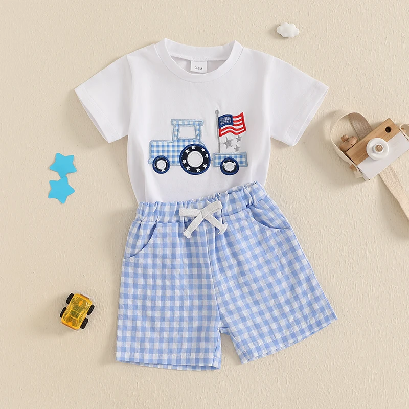 FOCUSNORM 0-3Y Infant Baby Boys Summer Clothes Sets Outfit Truck Embroidered Short Sleeve T-Shirt + Plaid Shorts