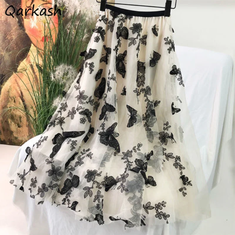 

Pleated Skirts Women Midi Vintage Temper Embroidery Fashion Mesh Summer French Style Loose All-match Gentle Casual Females Chic