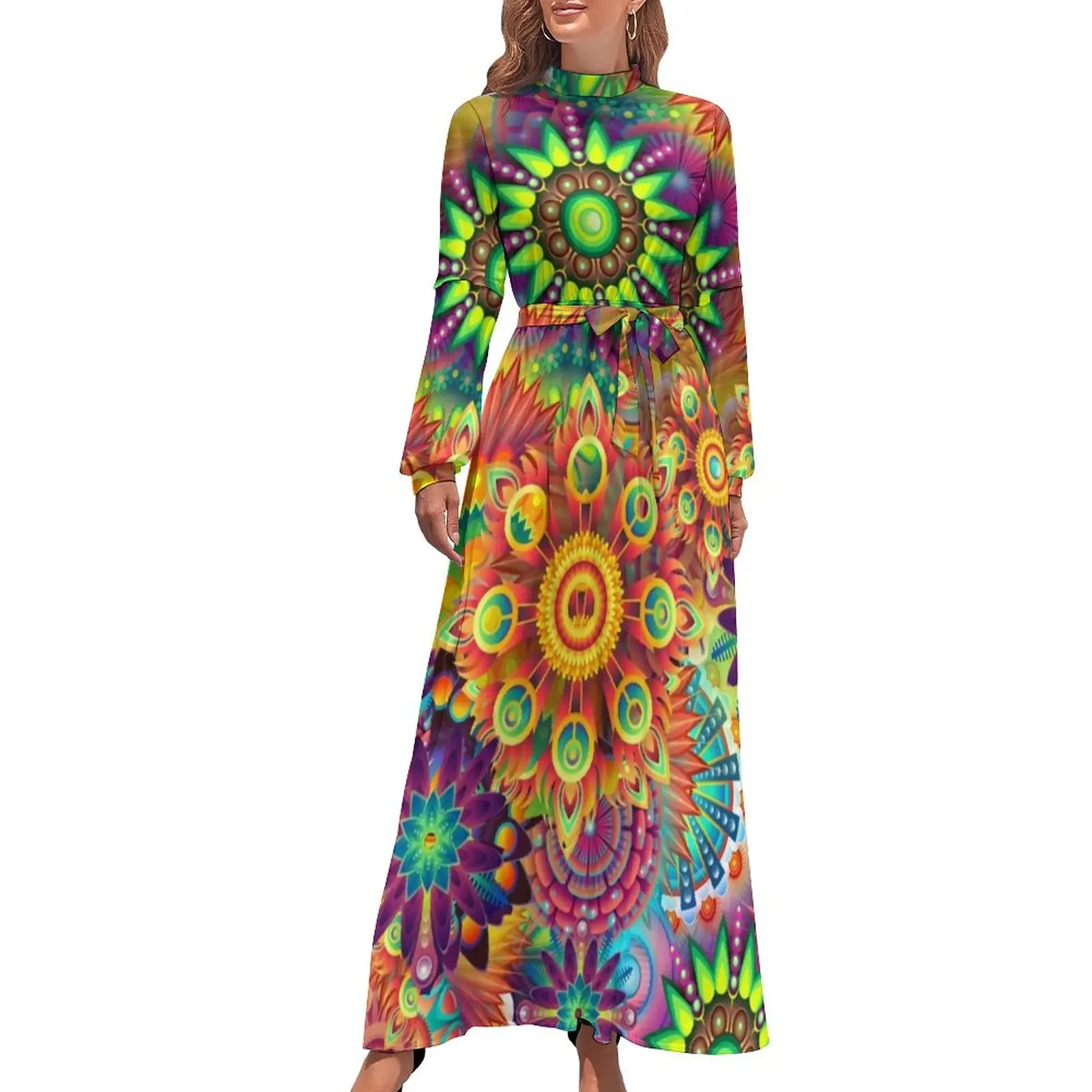 

Flower Power Peace Dress Long-Sleeve Retro Hippy 70s Party Maxi Dress High Neck Street Style Print Bohemia Long Dresses Gift