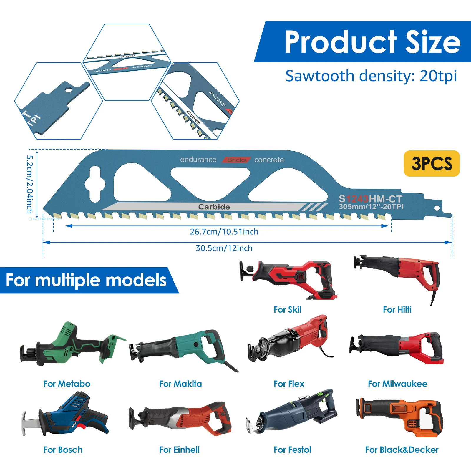 3Pcs Reciprocating Saw Blade 240mm/305mm Saber Saw Multi Saw Blades Cutting Tungsten Carbide Brick Concrete Power Tool Accessory