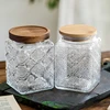 Vintage Square Embossed Glass Jar Acacia Wood Lid Sealed Jar Cylindrical Kitchen Storage Bottle Sugar Food Storage Container New 1