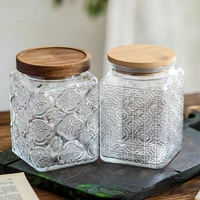 Vintage Square Embossed Glass Jar Acacia Wood Lid Sealed Jar Cylindrical Kitchen Storage Bottle Sugar Food Storage Container New 1