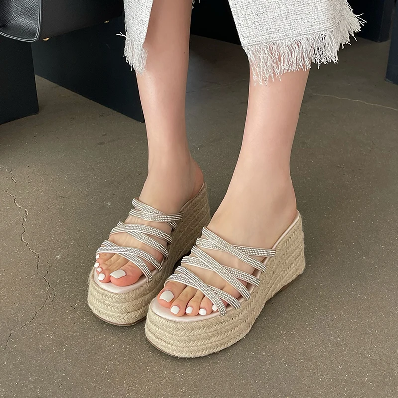 Platform Rattan Grass Woven Wedges Women's Slippers Rhinestone Strap Hollow Summer Slip On Slides Muller Shoes For Women Big 42
