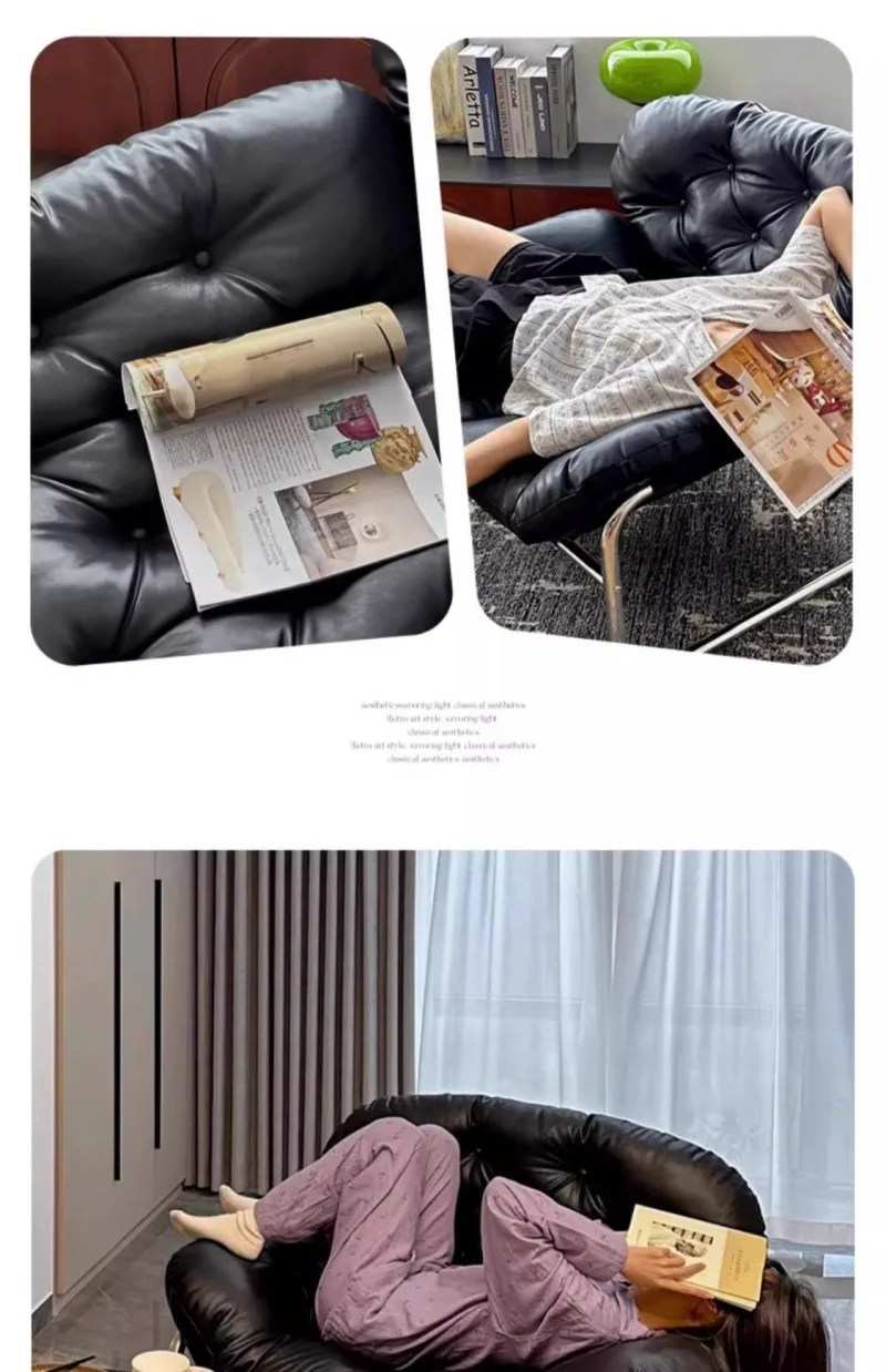 Leather Single Sofa Chair Nordic Sofa Backrest Armchair Retro Light Luxury Living Room Furniture Individual Reclining Chair