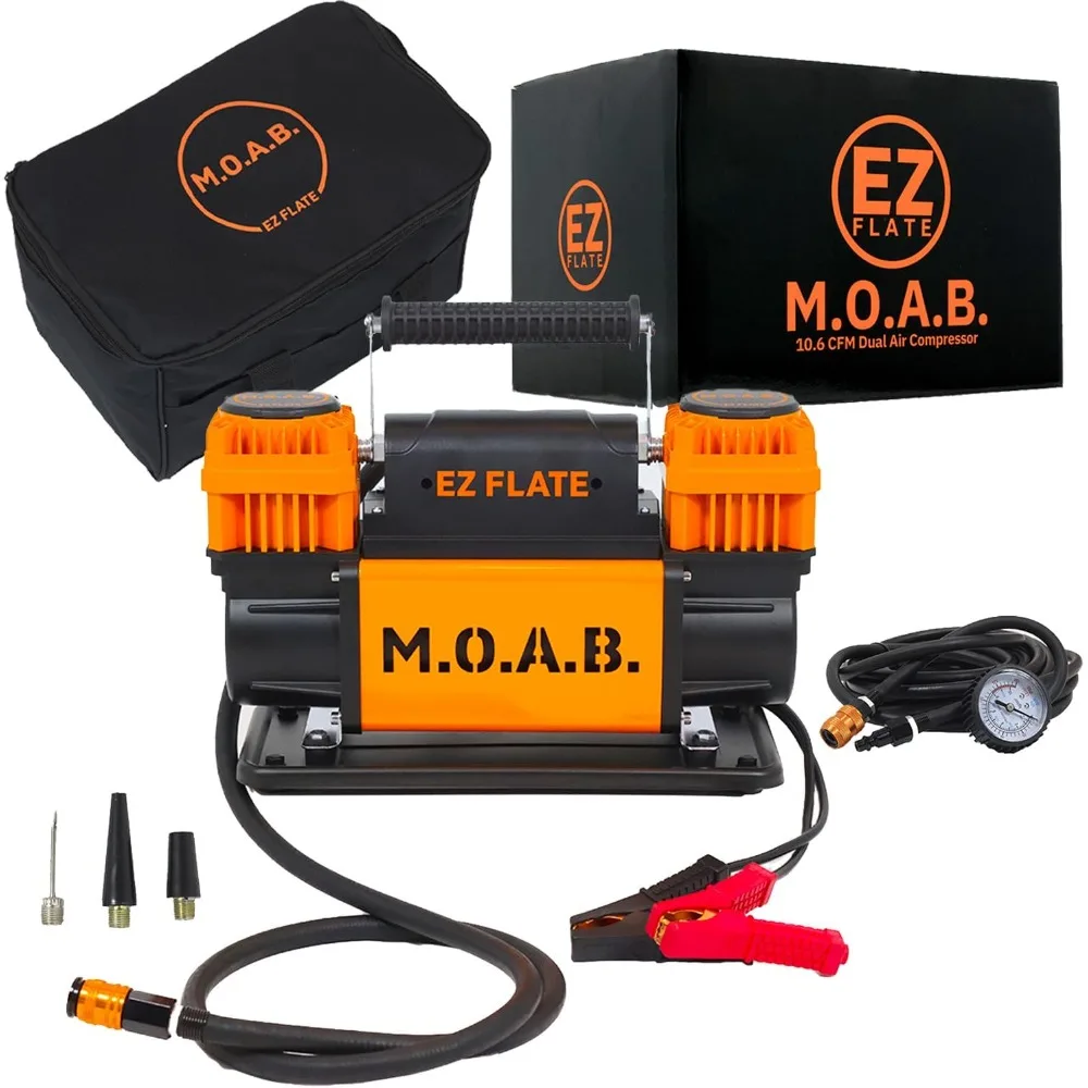 EZ FLATE M.O.A.B. 10.6 CFM PORTABLE 12V DUAL CYLINDER AIR COMPRESSOR | AIR HOSE | HEAVY DUTY (M.O.A.B.) 118db dual tone super loud car air horn 12v heavy duty trumpet compressor auto horn sounds for automobile motorcycle boat trucks