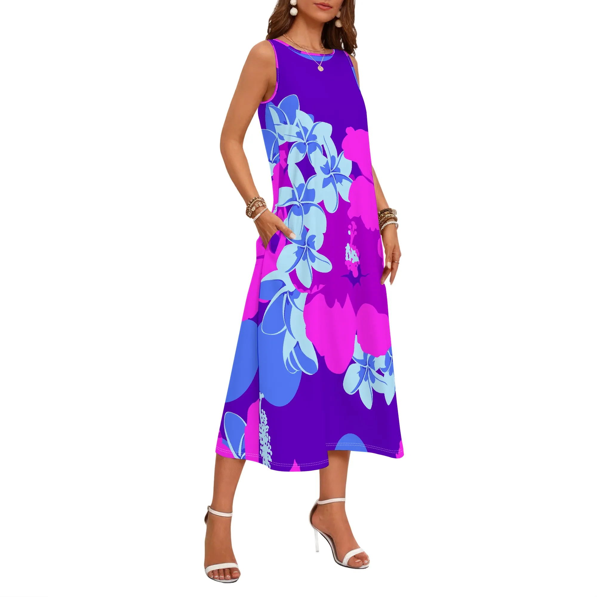 Damen-Kleid im lässigen Stil mit lockerem Rundhalsausschnitt, Sommerkleid mit geometrischem 3D-Print, schwarzem Stil, ärmellos, großes Swing-Kleid (mit Tasche) – Detail 9