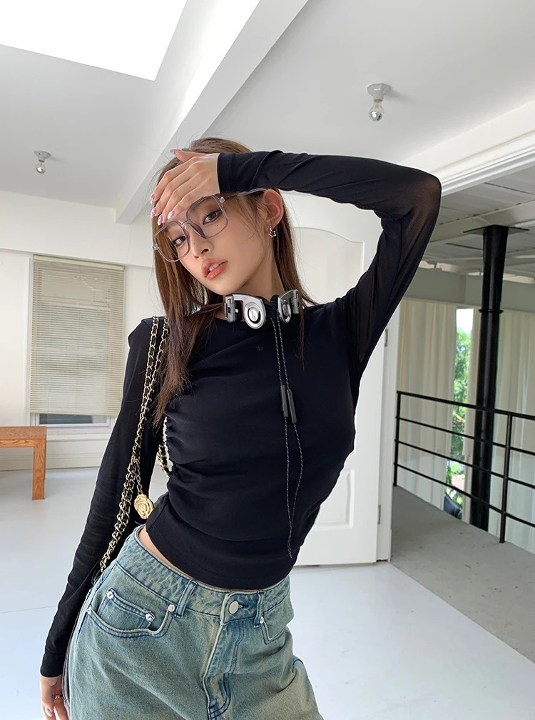 

Streetwear Vintage Women's Autumn Round Neck Drawstring Design Waist Slimming Top T-Shirt Long Sleeve Base Shirt