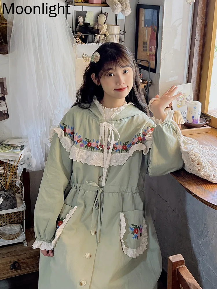 

Vintage Floral Embroidered Comfortable Cotton Trench Coats Japanese Mori Girl Hooded Lace Ruffled Loose Long Windbreaker Jacket