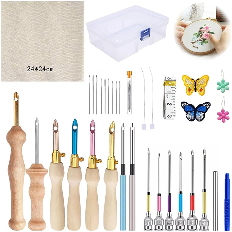 A82X-35 Pcs Punch Needle Kit, Punch Needle Tool Adjustable Embroidery Kits,Sewing Art Tool For Beginners