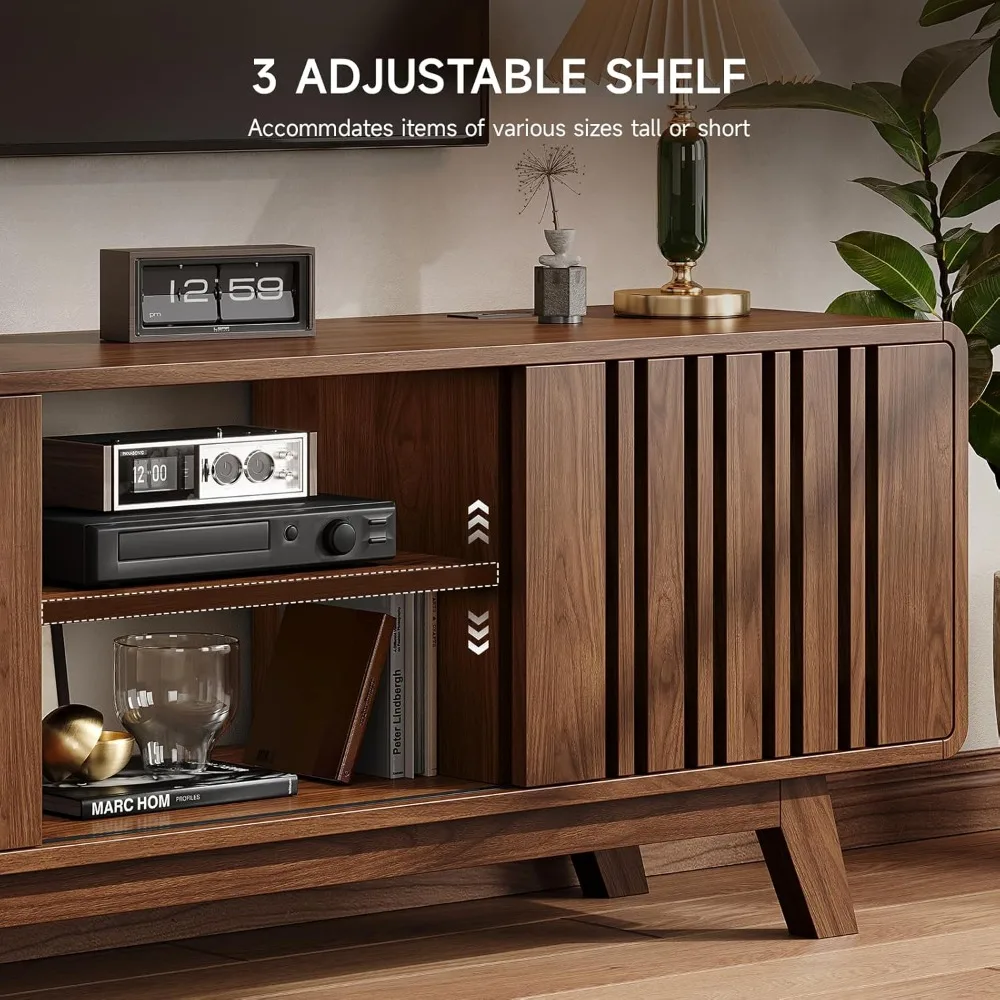 63-inch tv stand for tvs up to 75 inch, mid-century modern television stand with power outlet， entertainment center with sliding