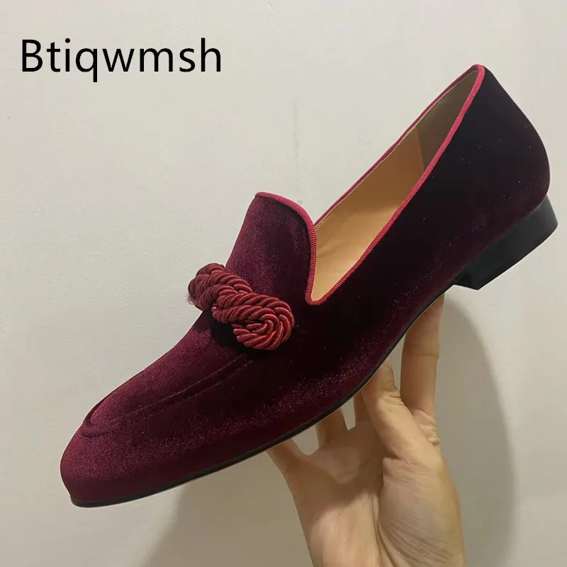 RedVelvetLoaferShoesMenPointedToeRealLeatherFlatShoesMan