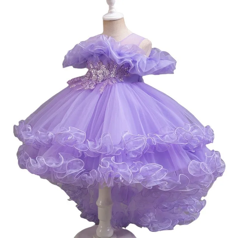 New Soft Gauze Decal Sleeveless Solid Color Trailing Fluffy Skirt for Girls Wedding Flower Girl New Year's Sweet and Cute Dress - Image 6